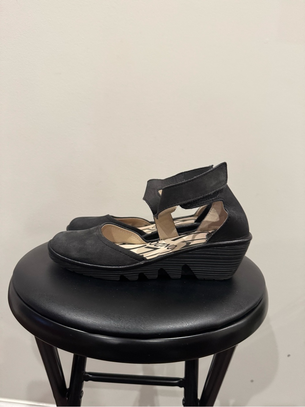 Fly London Black Suede-Look Ankle-Strap Wedge Heels size 36
